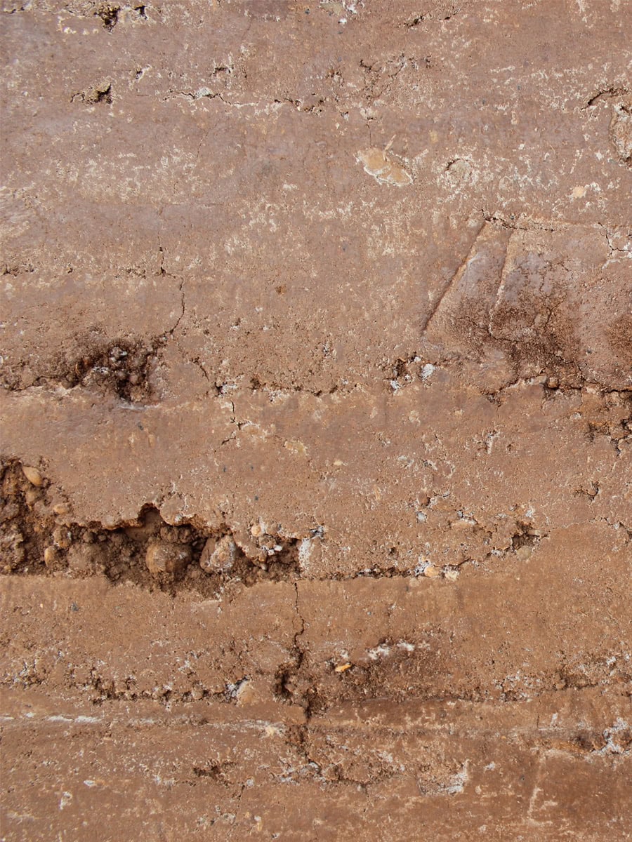The Gillyflower rammed earth wall texture close-up showing layered earth tones, sustainable venue at Elmore Court